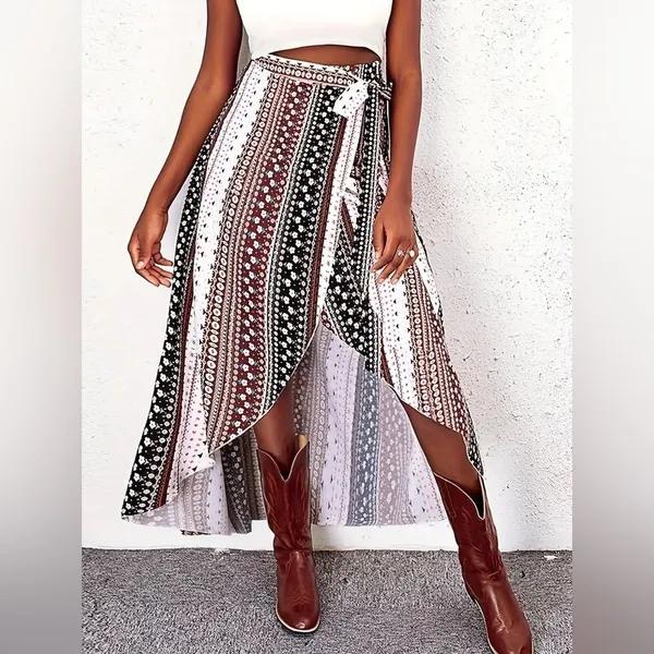 Women's True Wrap Maxi Skirt White Black Brown Pink Floral Geometric Boho Gypsy - Image 2