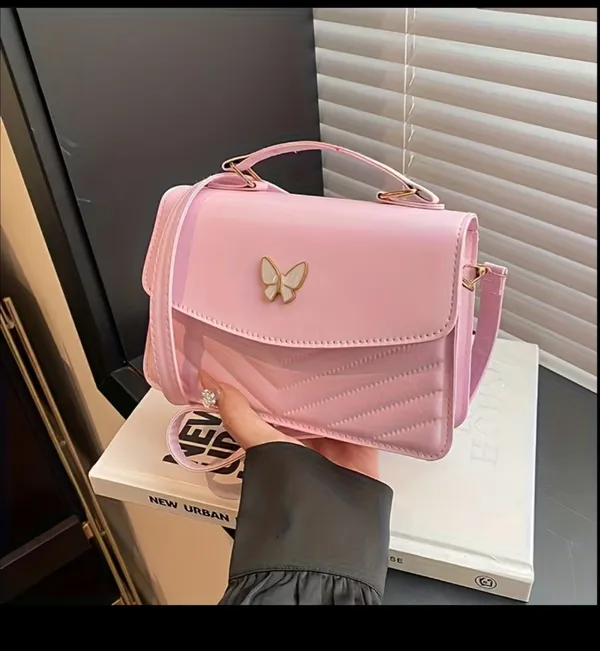 Pink Butterfly Mini Crossbody Handbag Quilted Purse - Image 3