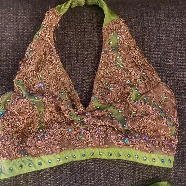 Green lyrical/contemporary dance skirt bra set costume - Image 3