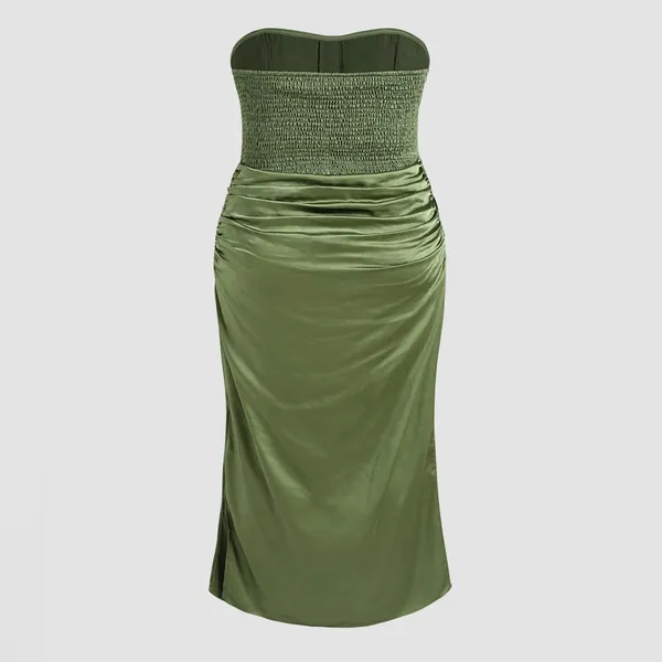 Olive Green Strapless Ruched Smocked Back Maxi Dress: Size 24 - Image 2