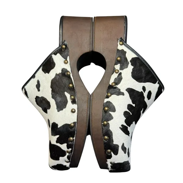 Verderosmarino Shoes Womens Size 7.5 Black Cow Print Leather Wedge‎ Mules - Image 7