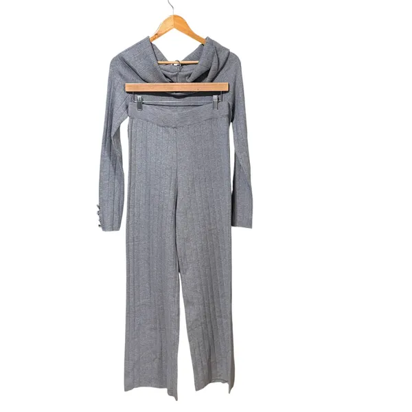 CBR Grey Ribbed Knit Two Piece Set Off Shoulder Top Wide Leg Pants XL DL2582 - Image 2