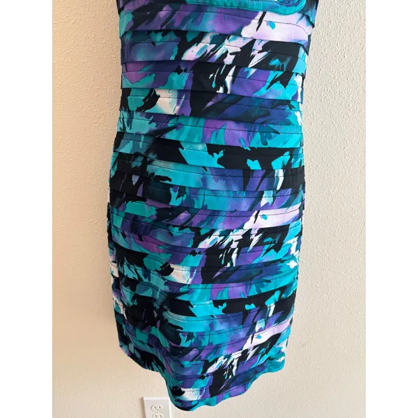 Adrianna Papell‎ Sheath Dress 6 Teal Purple Abstract Shutter Pleat Cocktail - Image 6