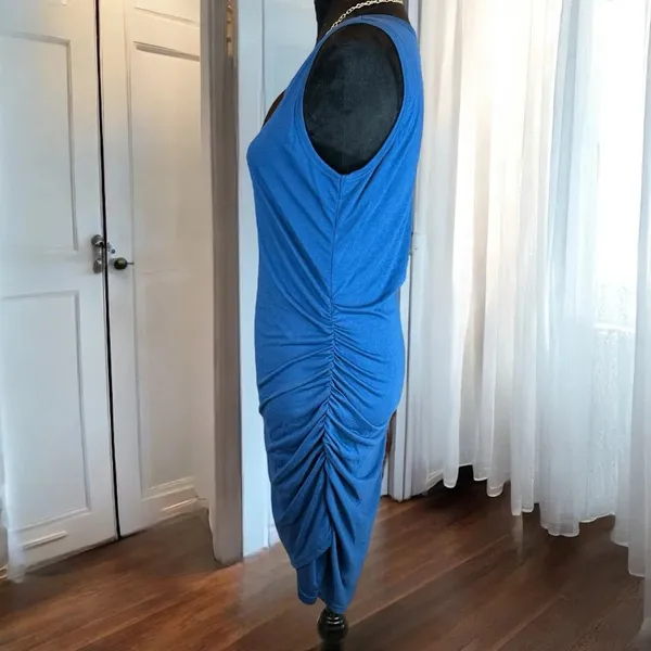Sleeveless Ruched Bodycon Dress Blue Casual Party‎ Cocktail Club Midi - Image 4