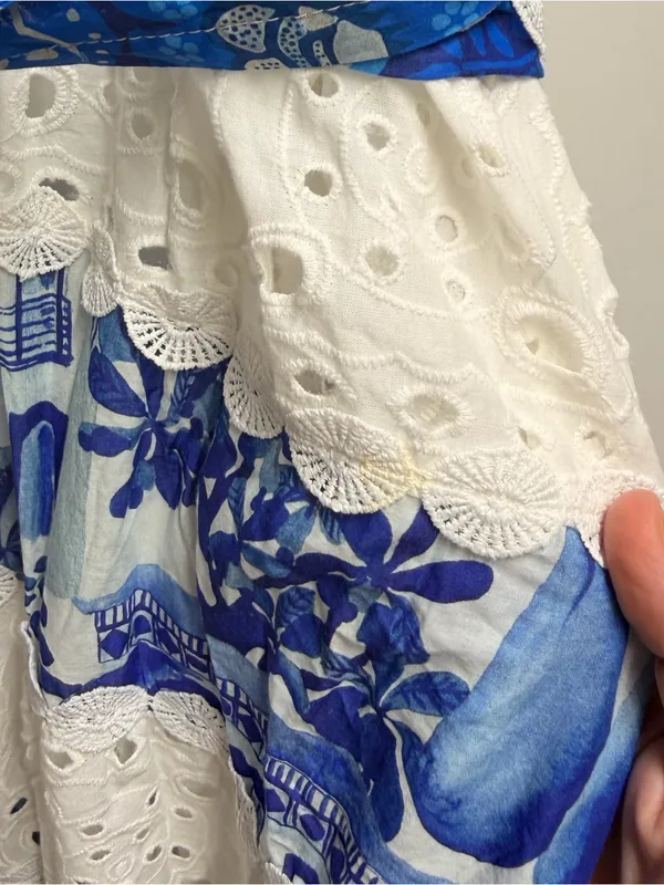 Farm Rio 100% cotton white blue tired maxi dress size xl - Image 11