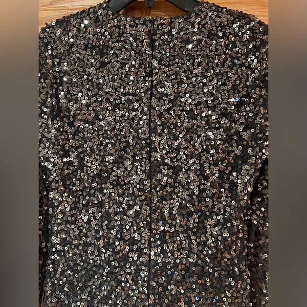 French Connection Emille Sparkle Black & Gold‎ Sequined Dress Sheer Sleeves Sz 4 - Image 11