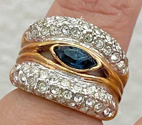 Vintage Blue Sapphire Rhinestone Gold-plated Statement Ring Size 6 - Image 2