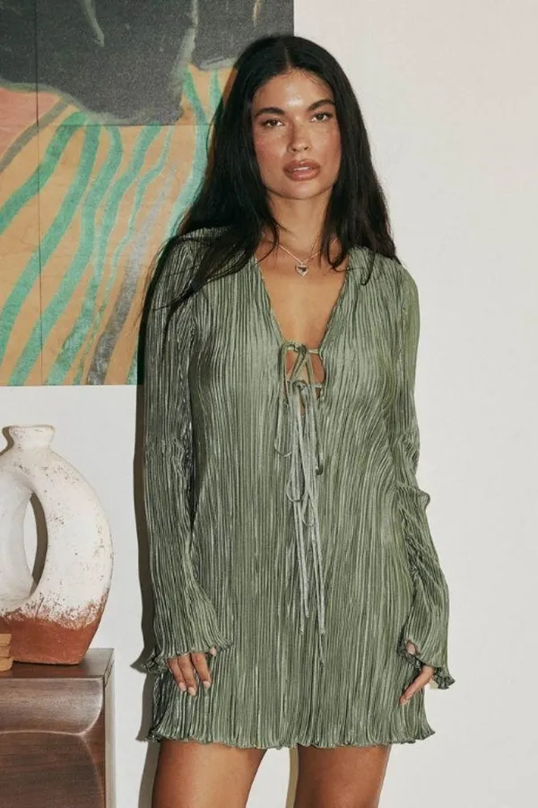 Princess Polly Malop long sleeve mini dress sage - Image 3