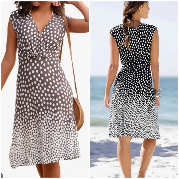 LASCANA Polka Dot Faux Wrap Midi Dress 6 Brown White Retro Pinup - Image 2