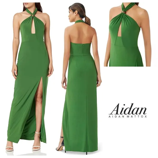 NWT Aidan by Aidan Mattox‎ Moss Green Halter Gown Maxi Dress Wedding Gala Party - Image 2