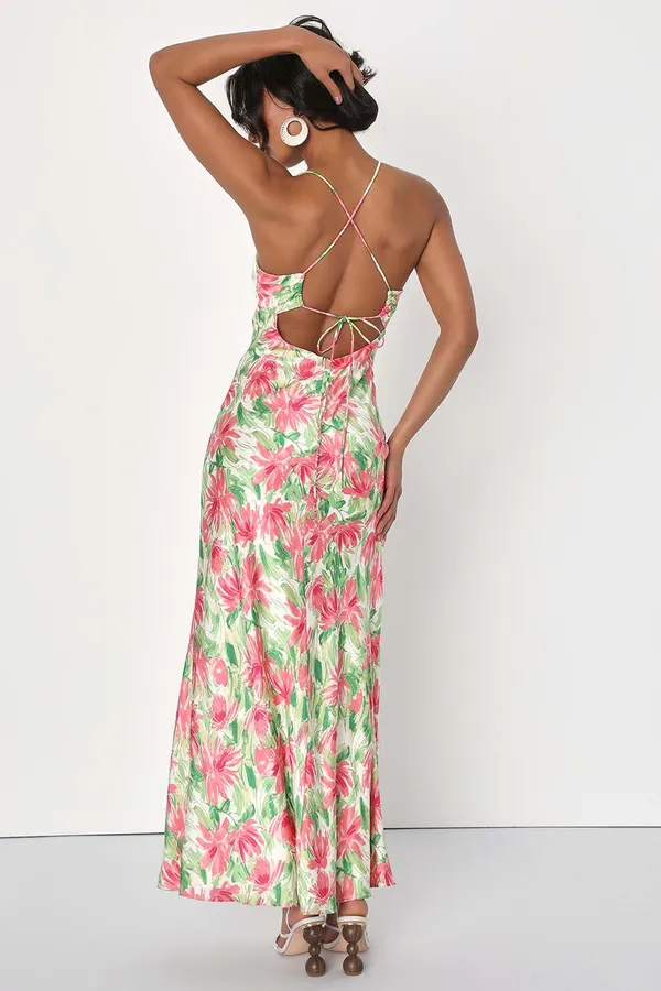 Lulu’s Vacay Getaway Ivory Multi Floral Print Backless Maxi Dress - Image 2
