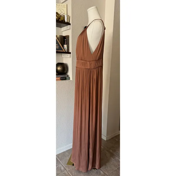 Mango Flowy Wide Leg Halter Jumpsuit With Pleated Details in Copper Size Large - Image 4