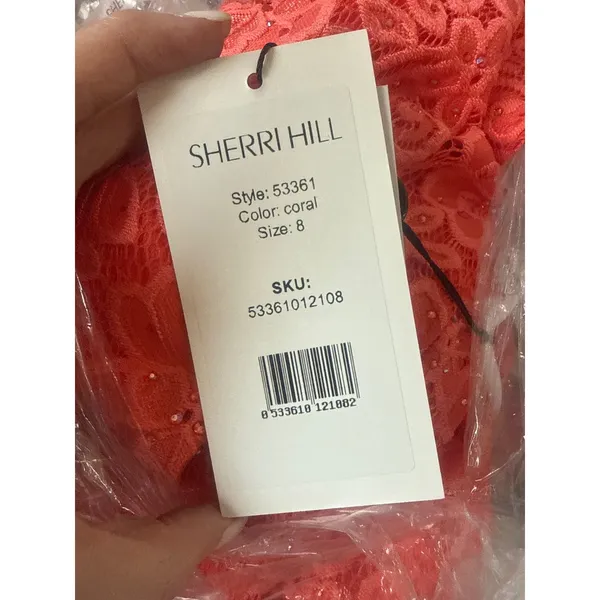 NWT Sherri Hill 53361 Coral Stretch Lace High Slit Halter Gown Dress Size 8 - Image 5
