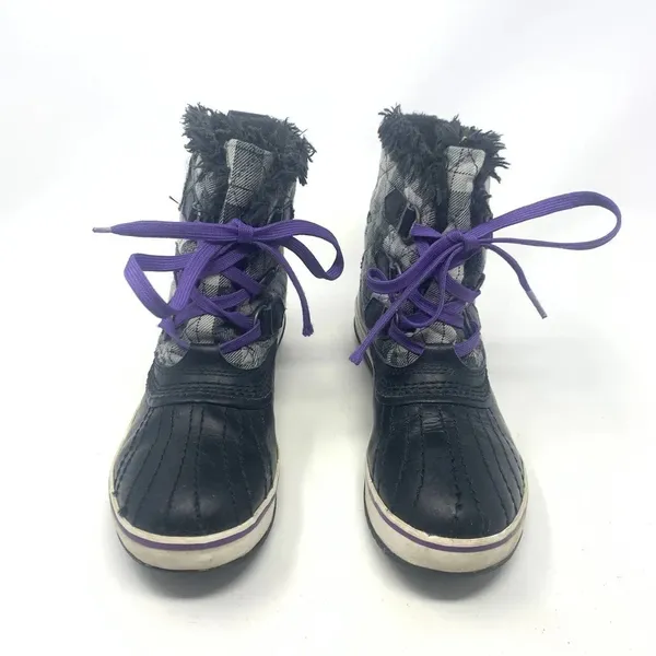 Sorel Tivoli II Leather Plaid Lace-Up Snow Boots‎ Black Gray Purple Size US 5 - Image 2