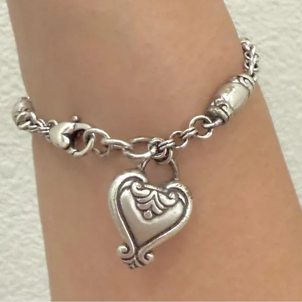 Retired BRIGHTON Blair Heart Barrel Link Chain Silverplated Heart Charm Bracelet - Image 12