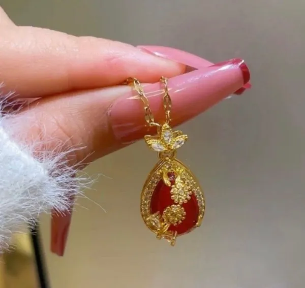 18K Gold Plated Red Crystal Flower Pendant Necklace for Women - Image 3