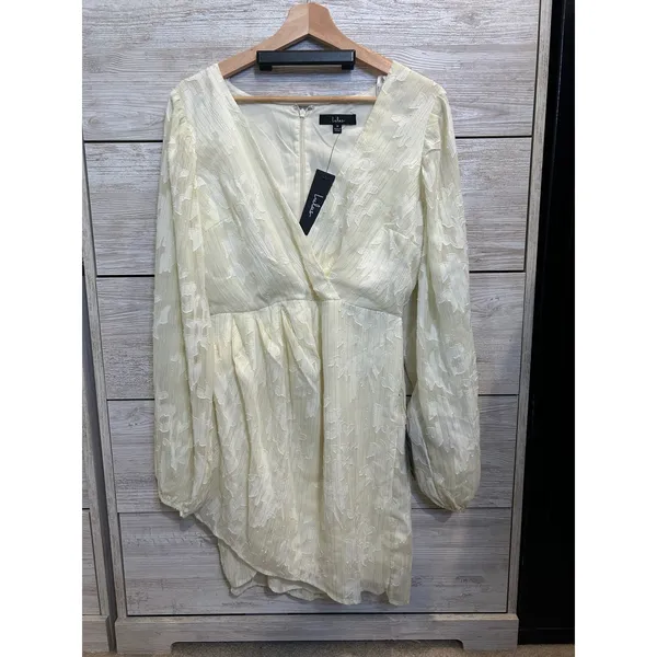 Lulus Cream Jacquard Long Sleeve Mini Dress Metallic Gold Floral Shimmer M - Image 2