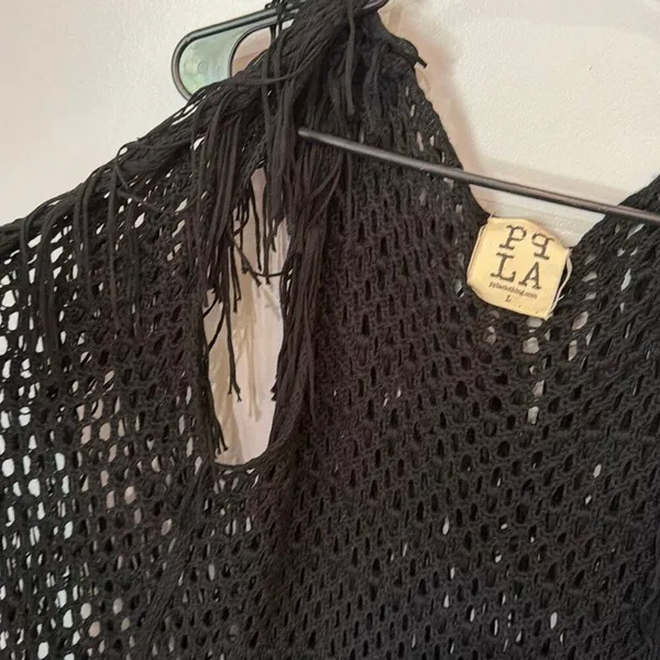 PPLA Flounder Fringe Vest Black Open Knit Crochet Sleeveless Boho Festival Large - Image 6