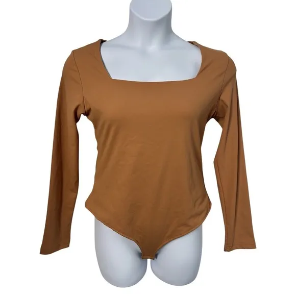 MANGOPOP‎ Women XL Brown Square Neck Long Sleeve Snap Crotch Bodysuit Neutral - Image 4