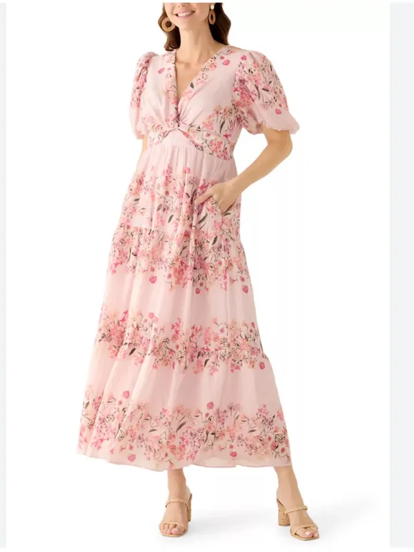 Taylor Puff Sleeve Floral Maxi Dress with Twist Detail in Candy Floss Pink US 10 - Image 2