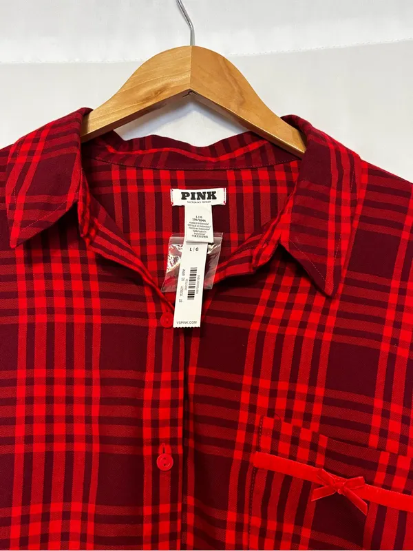 Victoria's Secret Red Plaid Full Button Nightgown Sleep Shirt Long Sleeves Large - Image 5