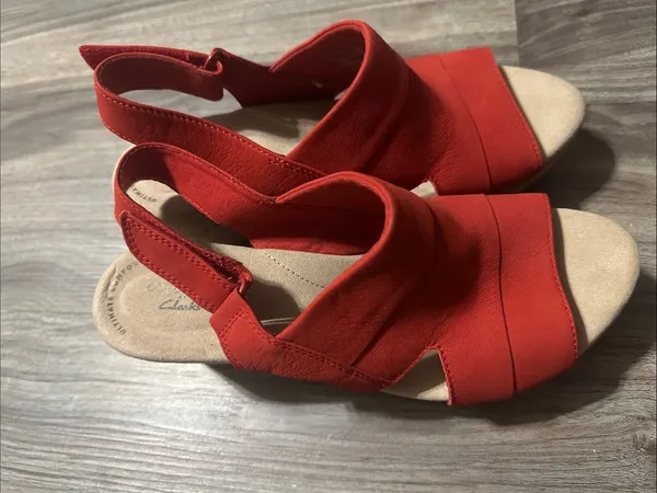 Clarks Red  Wedge Sandals with Cork Platform - Image 11