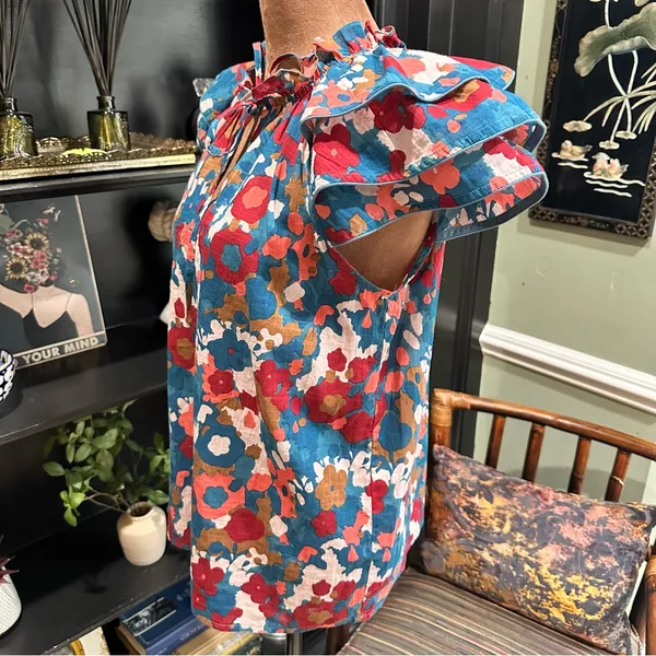 Olivia James Astrid Ruffle Sleeve Top – XS – Abstract Floral in 100% Cotton - Image 12