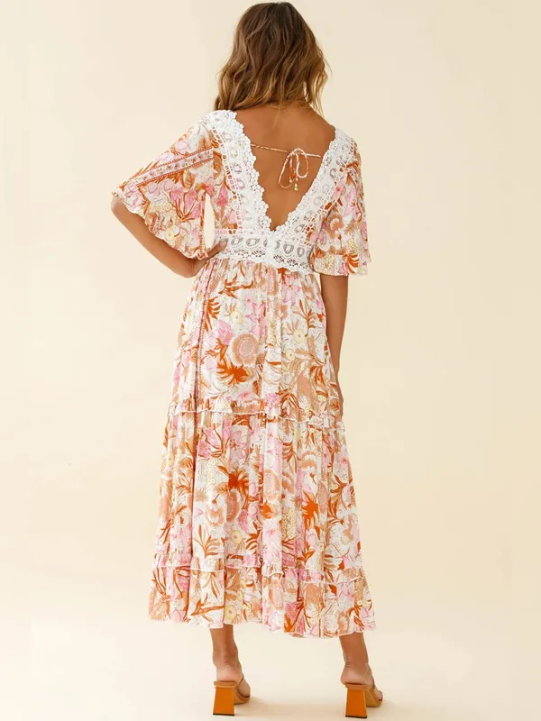 Saints + Secrets Size M Floral Crochet Trim Ruffle Tiered Maxi Dress - Image 2