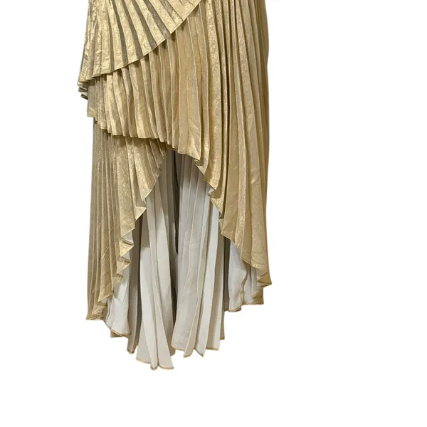 MOTF Premium Gold Metallic One Shoulder Pleated High-Low Formal Gown Size M - Image 5