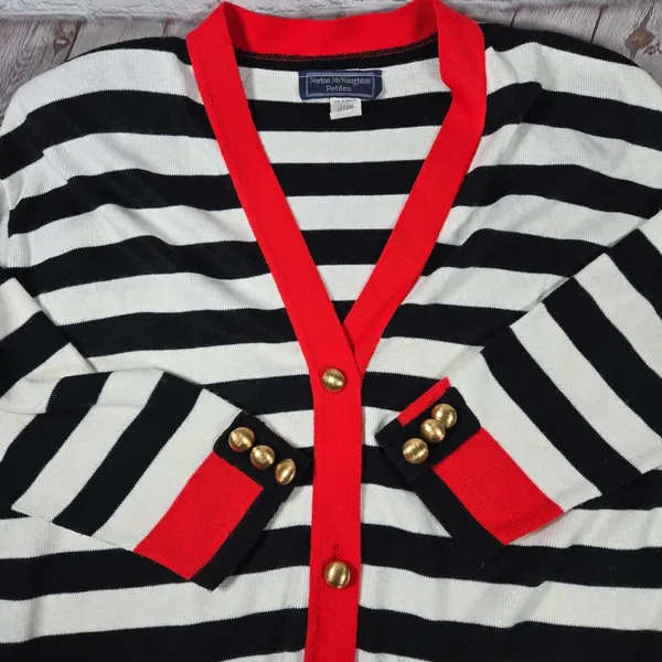 Norton McNaughton Petites‎ Black White Red Striped Button Front Cardigan Sweater - Image 6
