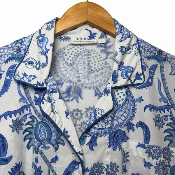 Roller‎ Rabbit Amanda Blue 100% Cotton Pajama Top M Block Print Coastal Boho - Image 4
