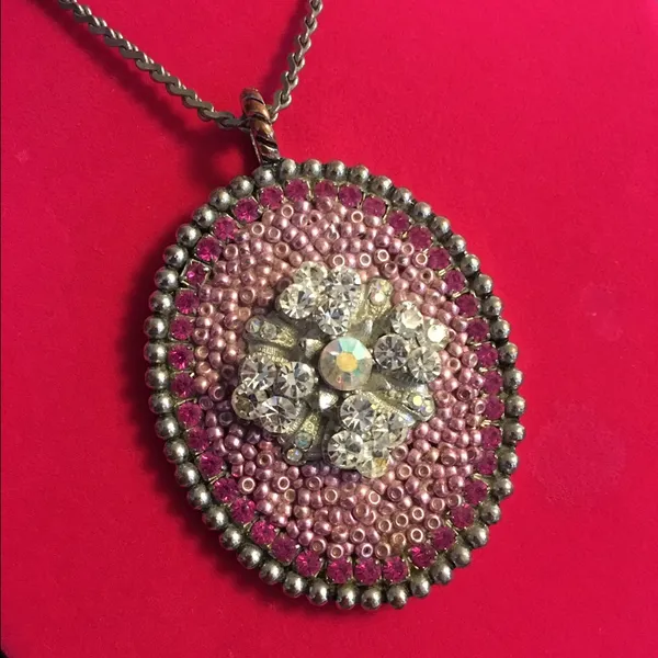 Vintage Pink Crystal Floral Statement Pendant Necklace Silver Tone 16” - Image 6