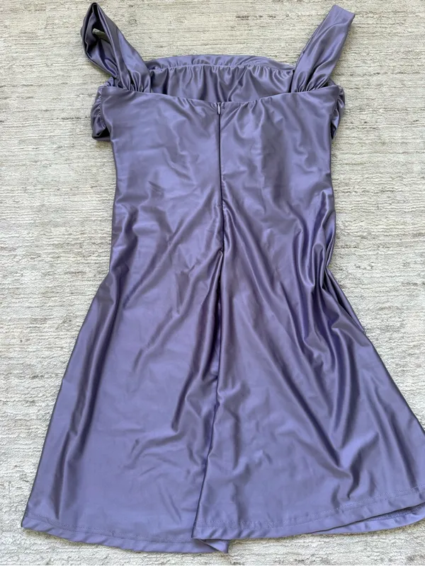 OQQ Fitness Off-Shoulder Lavender Satin Mini Dress (Size Small) - Image 4