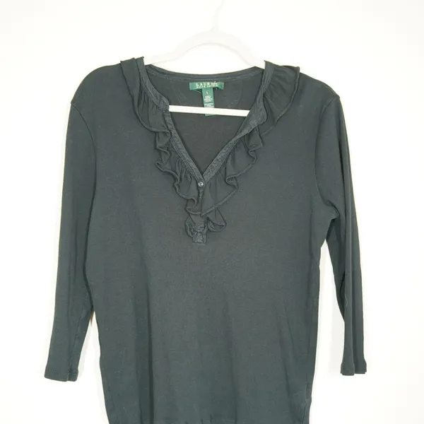 Lauren Ralph Lauren Size Large Black Ruffle V-Neck Ribbed Knit Top 3/4 Sleeve - Image 2