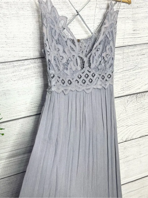 Free People Adella Crochet Lace Maxi Slip Dress in Light Gray Size Medium - Image 7