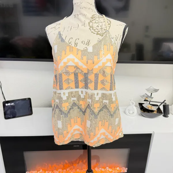 Charlotte Russe XS Sequined Geometric Cami Top Peach Gold Silver Racerback💋 - Image 7