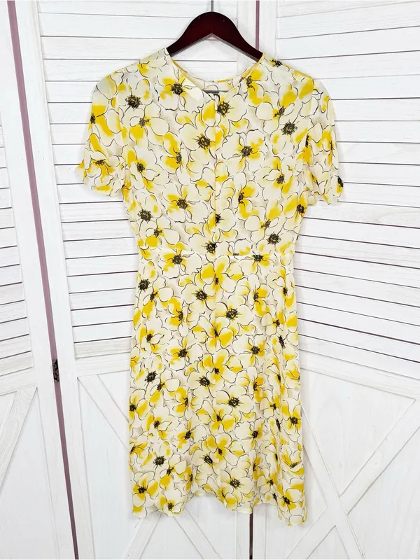 Hugo Buscati Floral Silk‎ Dress Yellow Size 6 Fit Flare Retro Twee Summer - Image 9