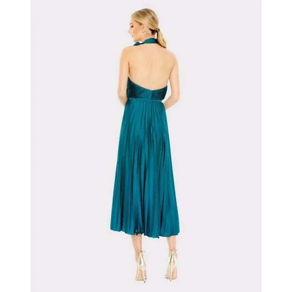 Ieena for Mac Duggal 26909 Pleated High Neck Kitten Bow Midi Dress Teal 8 - Image 3