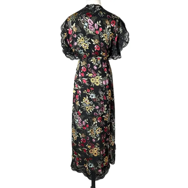 Alice + Olivia Adele Black Floral Silk Blend Lace Trim Midi Wrap Dress Size 2 - Image 4