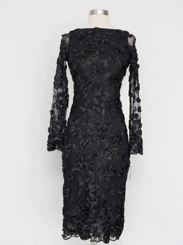 AQUA Formal - Black 3D‎ Floral Appliqué Sheer Sleeve Midi Dress - Image 2