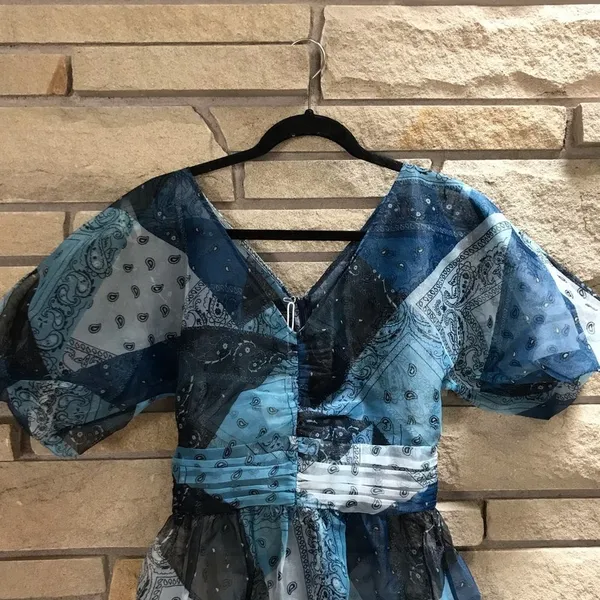 Staud x C.Bonz Bandana Print Patchwork Mini Dress Crepe Organza Sheer Sample - Image 6