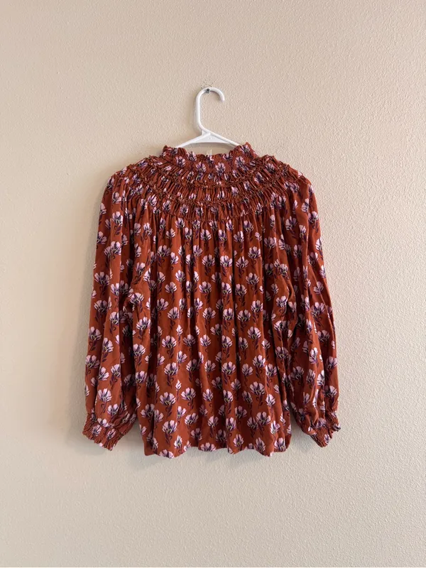 Bohme Smocked-Neck Floral Tunic Top in Rust with Pink Accents - Image 3