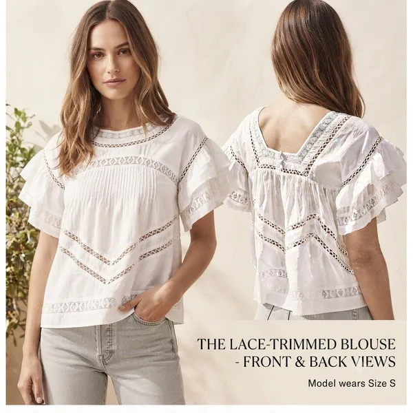 Saylor Blouse Womens Small White Lace Trimmed Ruffle Sleeve Boho Summer Top - Image 2