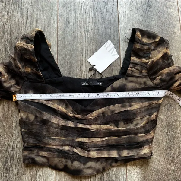 Zara CORSETRY TULLE CROP TOP Black Tan Long Sleeve Mesh Cropped Top Small NWT - Image 13
