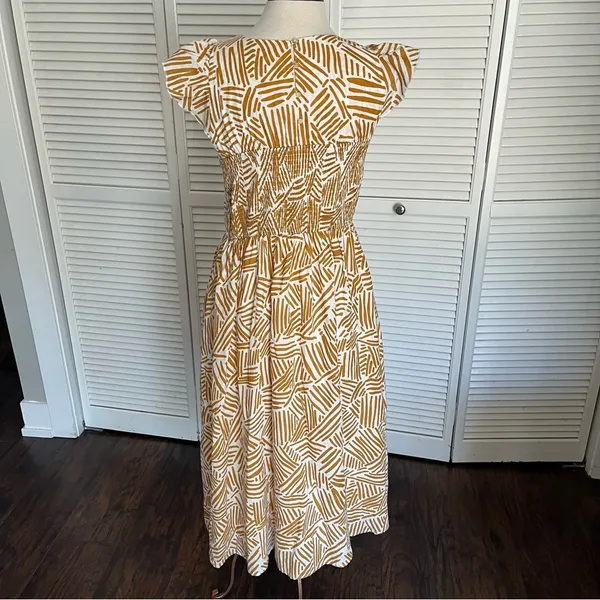 THML midi dress brown white line print ruffle sleeve smocked medium - Image 3