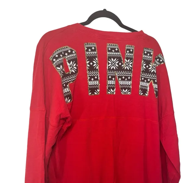 PINK - Victoria's Secret VS Pink Red Fair Isle Sequin Varsity Crew - Image 5