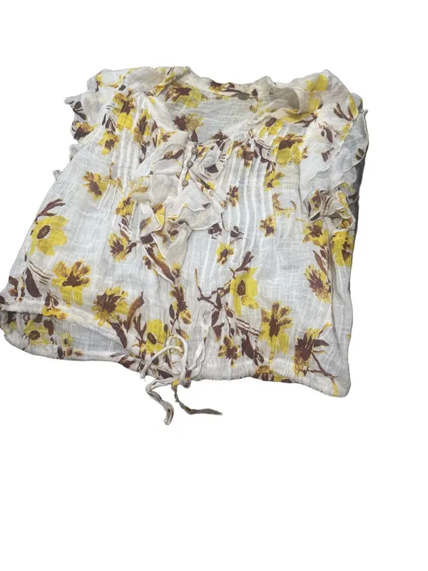 Free People White Floral Ruffle V-Neck Top with Yellow and Brown Print - Image 8