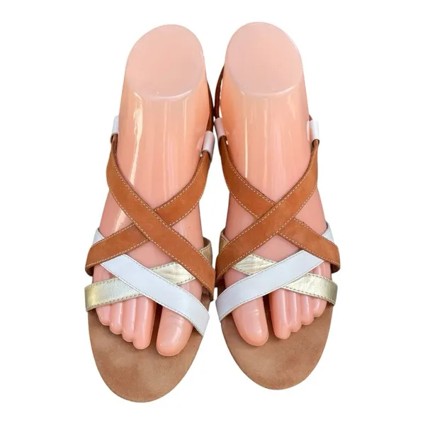 Aerosoles White Gold Tan Leather Strappy Slingback 3" Heel Sandals Size 8 Boho - Image 3