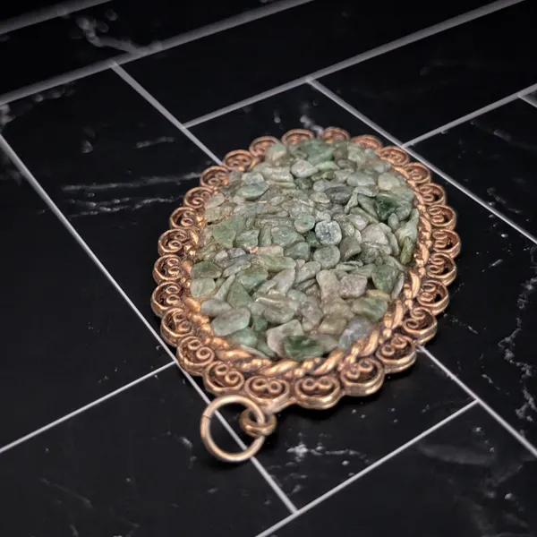 Vintage Pendant Very Large Statement Green & Antique Gold Tone Oval - Image 5