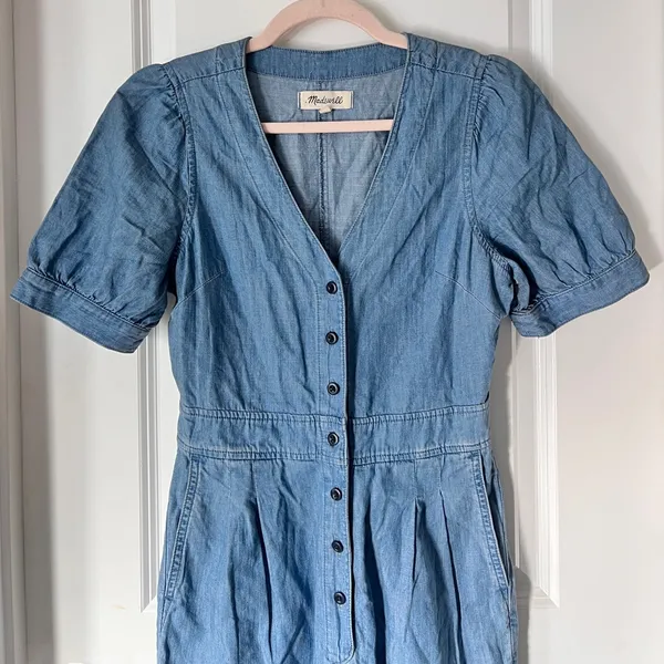 Madewell Blue Denim Jumpsuit Cotton Blend size‎ 0 Puff Sleeve Button Front - Image 4